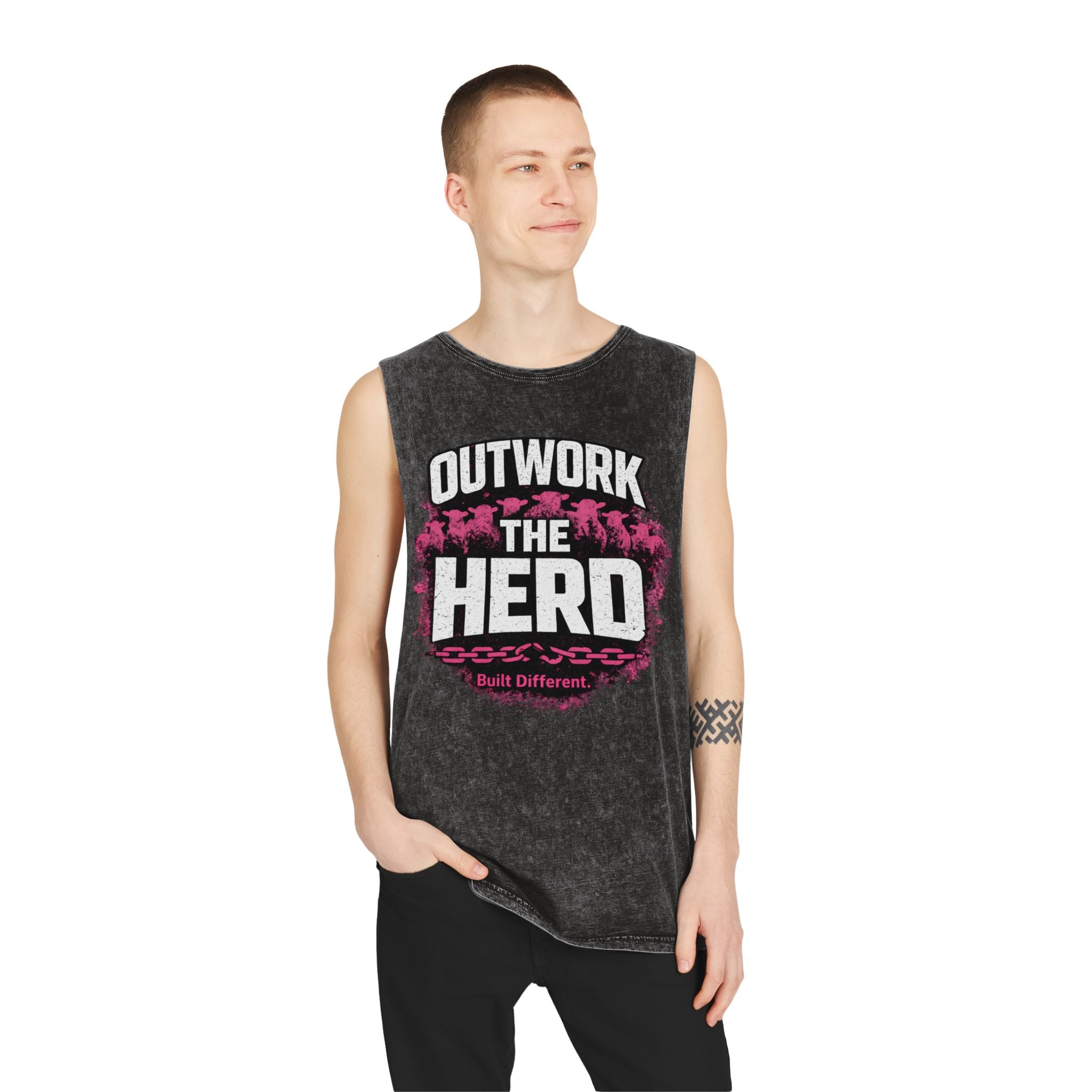 Outwork the Herd Araiza piink Tank Top — Motivational Gym Stonewash Tank